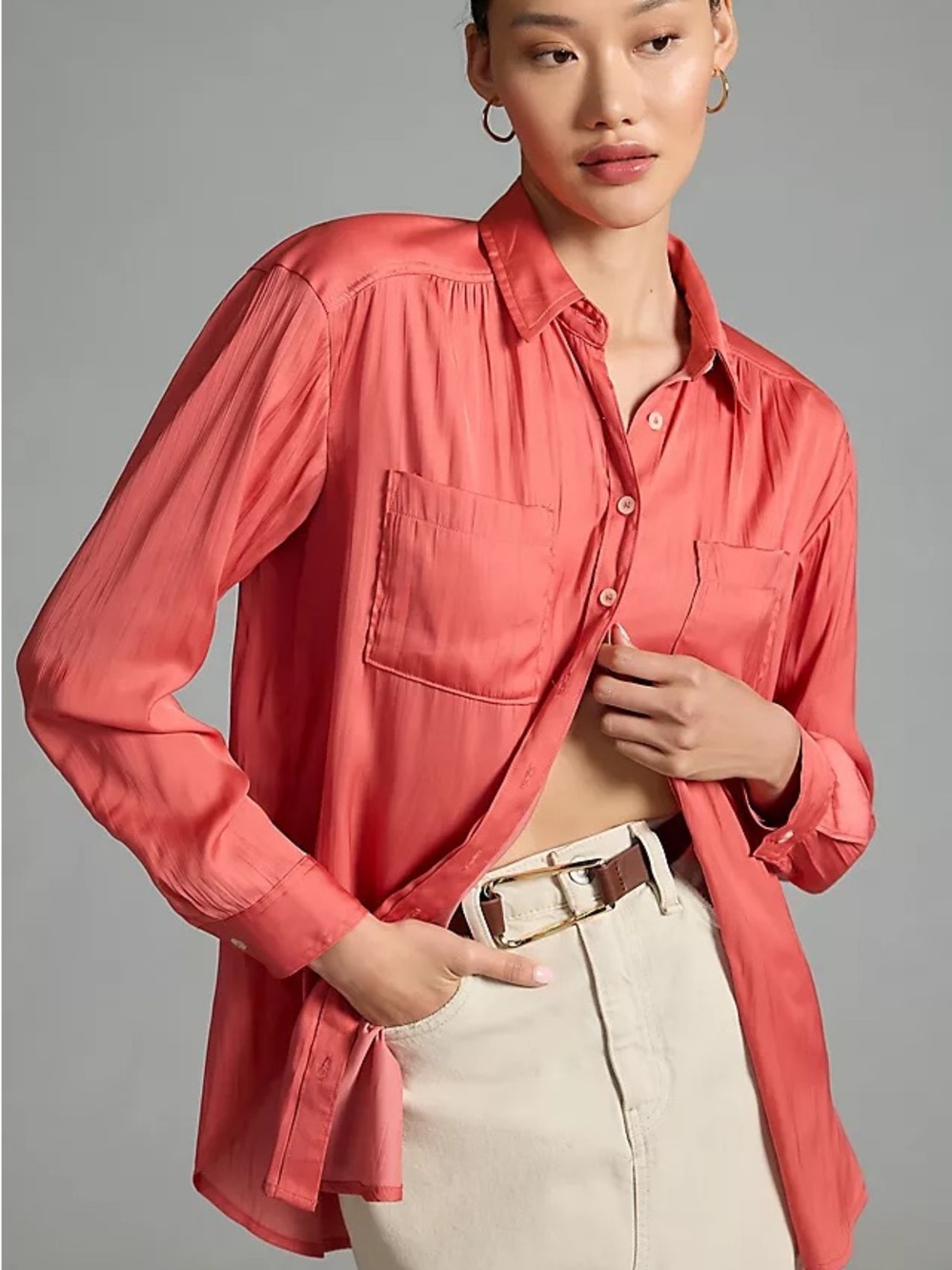 Anthropologie Coral Satin Button Down Blouse Boho Preppy Coastal XS